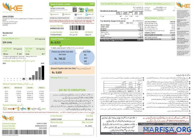 Downloadable Pakistan KE Electricity bill template in Word and PDF format, 2 pages